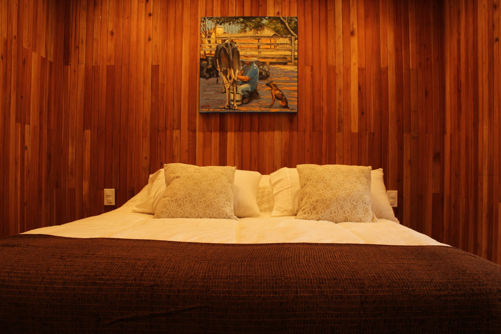 Suíte Jacarandá — cama King Size com quadro da fazenda